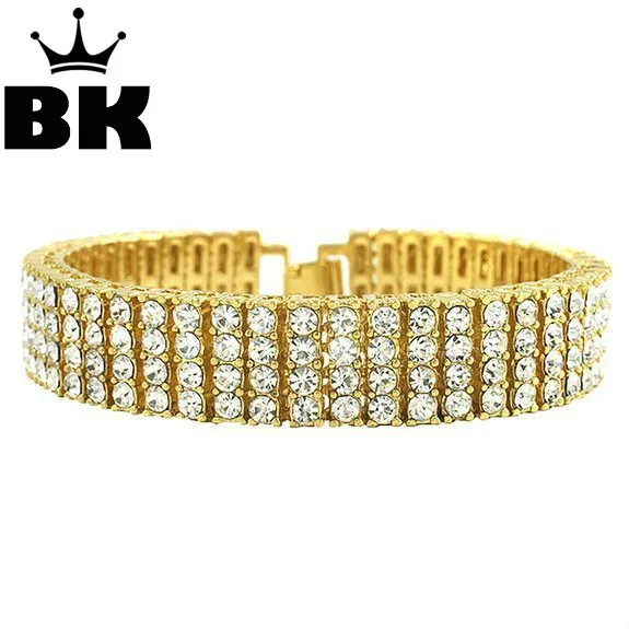 

Men's Black Gold silver color Finish 4 Row Crystal Bracelet 8" 14mm Rhinestone Iced Out Hip Hop Bling Bracelet Cool Jewelry