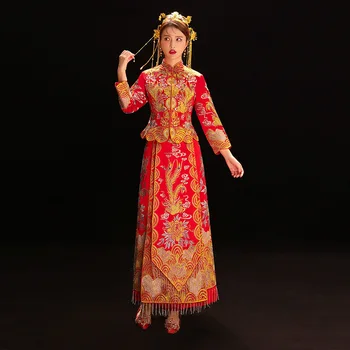 

Traditional Chinese Style Women Embroidery Phoenix Wedding Cheongsam Suit Classic Vintage Red 2PCS Hanfu Top&Skirt Set Qipao