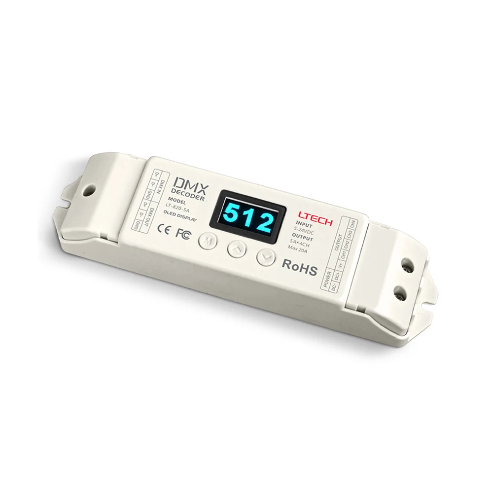 

Ltech LED DMX rgb Decoder Controller 5V 12V 24V DMX512 Decoder OLED display 4 channels 20A Constant Voltage Decoder LT-820-5A