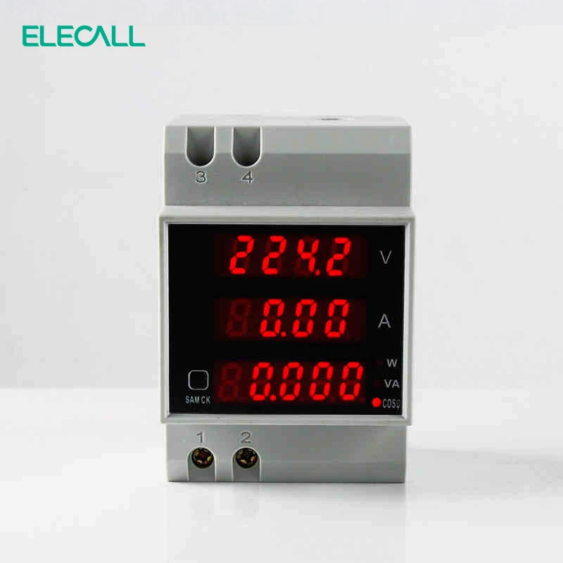 ELECALL D52-2048 din-рейка светодиодный Вольт Амперметр дисплей активный коэффициент мощности энергия AC 80-300 В 0-100.0A Амперметр Вольтметр