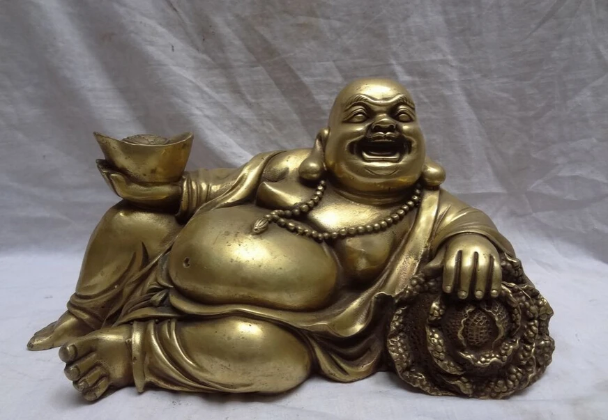 

USPS to USA S1241 12" Chinese Brass Wealth YuanBao Happy Laughing Maitreya Buddha Cabbage Statue (B0328)