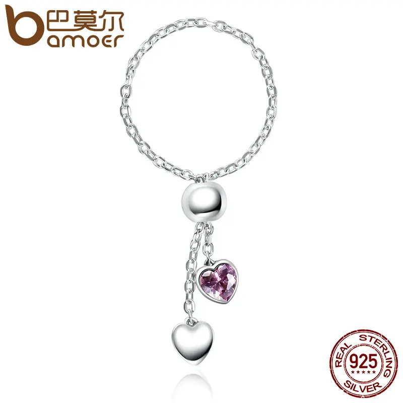 

BAMOER Authentic 925 Silver Pink Hearts Clear CZ Finger Women Ring European Fine Sterling Silver Jewelry SCR015
