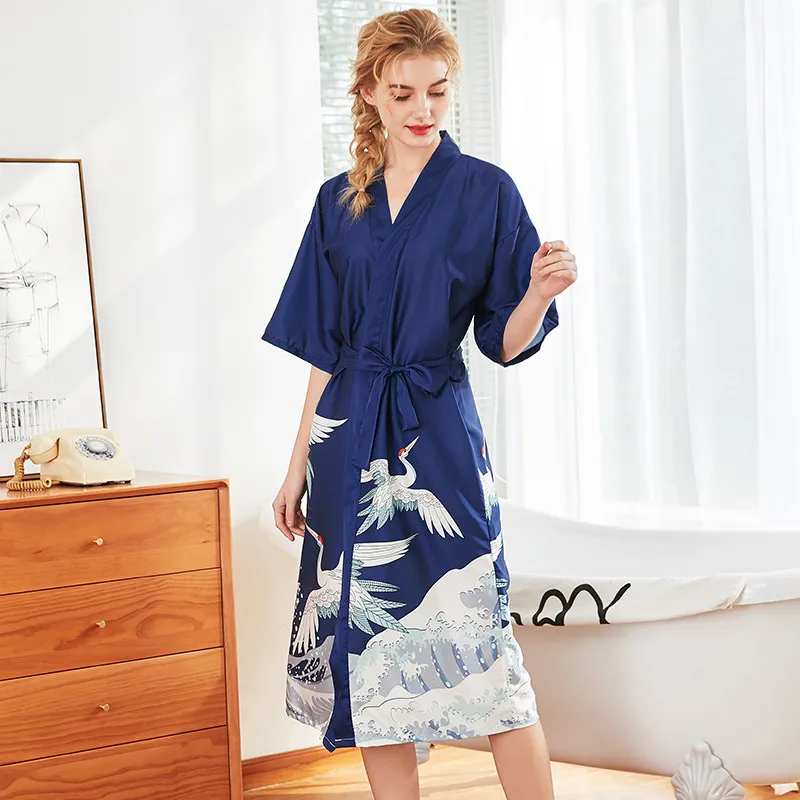 

Long Robe Print Female Nightgown Sexy Silk Bride Bridesmaid Wedding Lace Robes Loose Kimono Bath Gown Sleepwear Rayon Home Dress