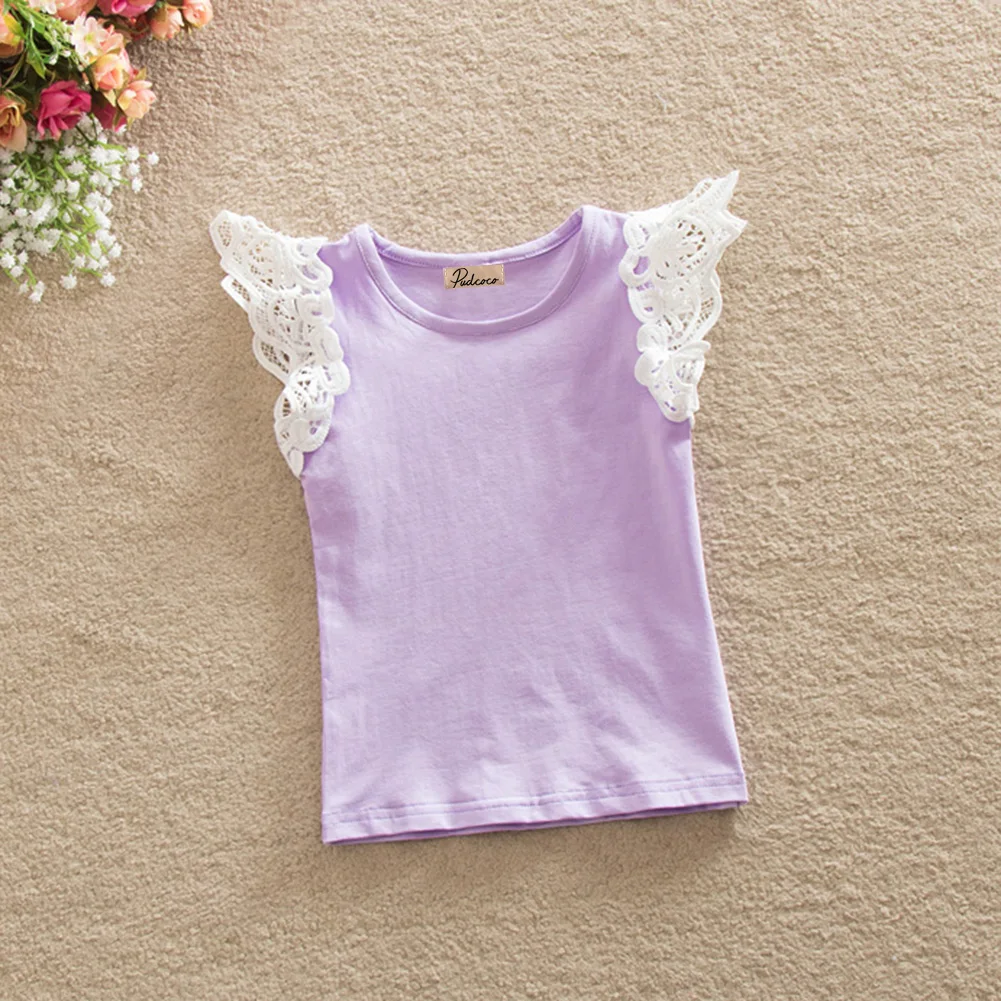 Летняя хлопковая футболка для маленьких девочек; топы принцессы с кружевными рукавами - Цвет: Фиолетовый