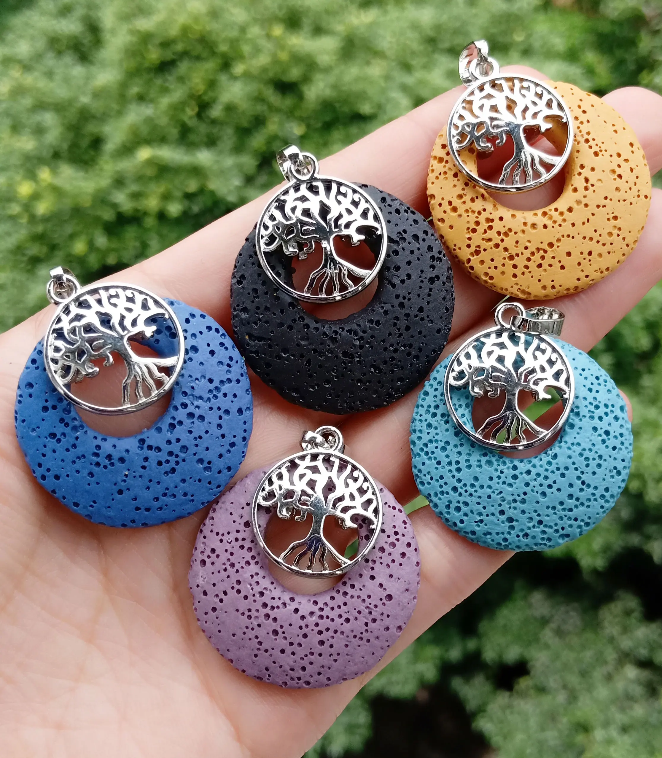 

Volcano Lava stone Pendant bead Tree of life Round donut Energy Reiki Healing Amulet L26317