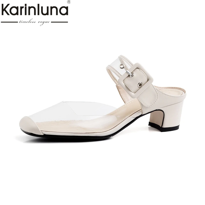 

KarinLuna women's top quality genuine leather summer PVC Mules Pumps chunky Heels Shoes Woman sexy Party snadals lady Footwear