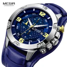 MEGIR Men's Army Sports Chronograph Quartz Watches 2019 New Leather Band Luminous Waterproof Wrist Watch for Man 2099 Blue Clock megir quartz watch for man chronograph luminous hands waterproof mens wristwatches fashion large dial calendar leather band