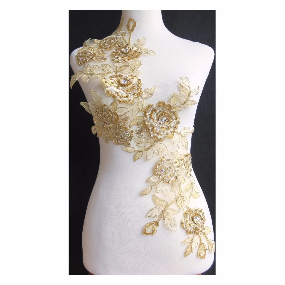 Free Shipping 5pcs/lot x New 3D Handmade Gold/Cream Beaded Sequin Flower Embroidery Organza Lace Applique Patches Collar BNC135E | Дом и сад