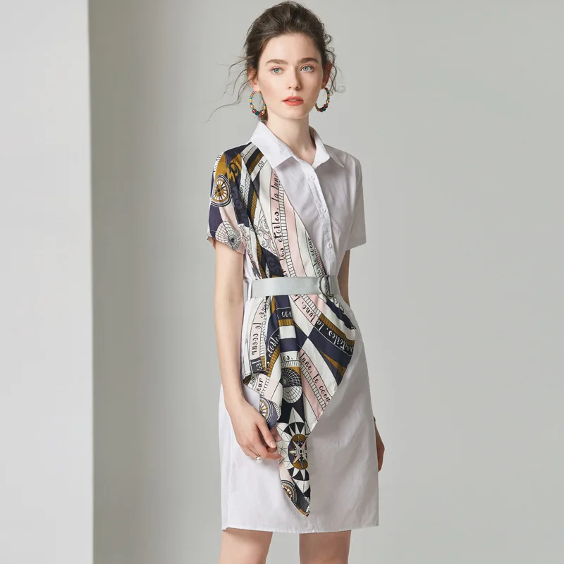 

Mini Dress Summer Women 2019 New Turn Down Collar Short Sleeved Patchwork Printed Scarf Slim Waistbelt A-Line Short Dress S-XL