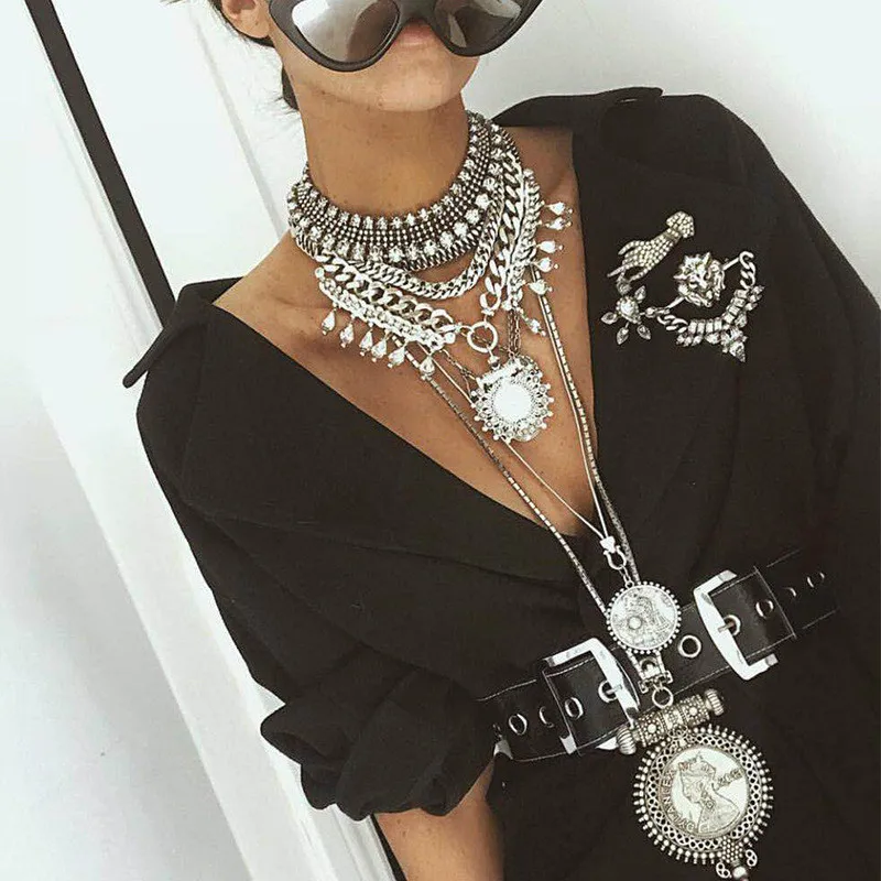 

Mamojko Fashion Vintage Gold Silver Multilayer Coin Pendant Statement Necklace for Women New Design Collar Sweater Chain Jewelry