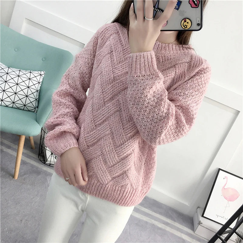 

Sweater Pullover Diamond Shape Knitted Sweaters Long Sleeve Loose O-Neck Hedging Tops Jumper for Women