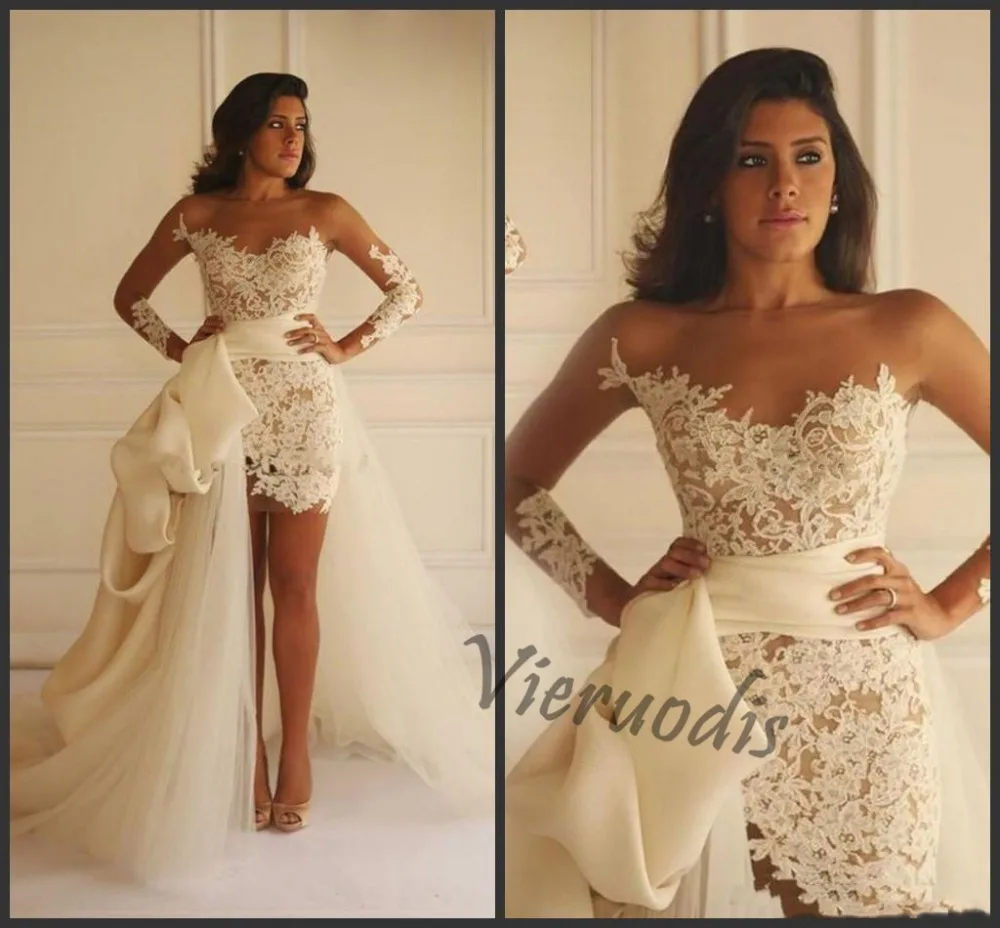 45-1             Maison Yeya Short Lace Wedding Dresses with Detachable Train 2018 New Illusion Long Sleeve Sheer Neck Holiday Bridal Two Pieces Wedding Gown