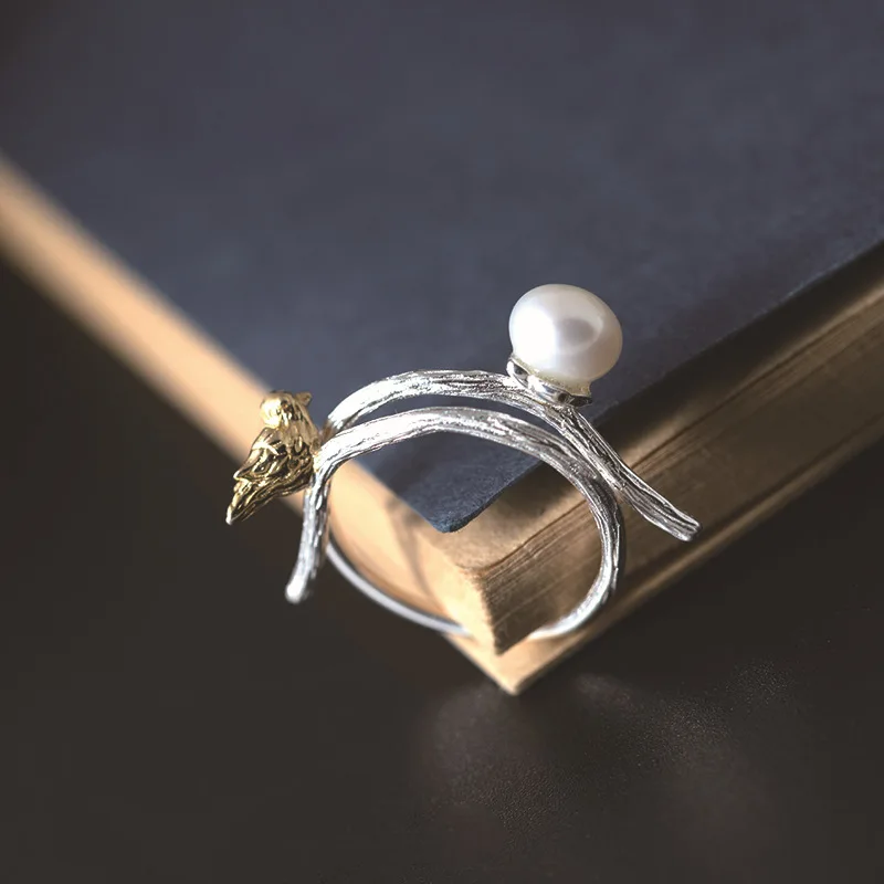 golden pearl bird open ring 925 Sterling silver For Women Original Design Lady Prevent Allergy Sterling-silver-jewelry free size