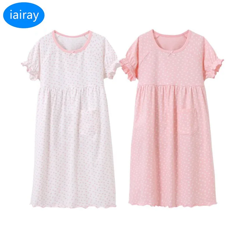 

iairay 2pcs kids casual loose pajamas children summer home sleeping dress polka dot cotton nightdress girls nightgown sleeepwear