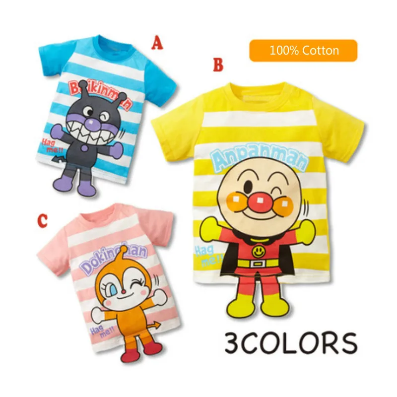 

100% Cotton Boys Girls T-shirts Summer Children Clothing Kid Clothing Tops Anpanman Short Sleeve Striped T-Shirts Christmas Gift