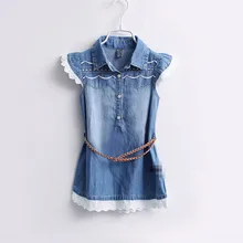Bébé D’été de Filles Denim Robes Filles De Mode Broderie Denim Robe Avec Ceinture Enfants Robes D’été