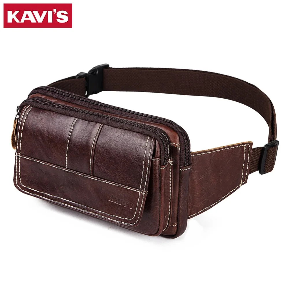 

KAVIS New 100% Cowhide Genuine Leather Waist Bag Packs Men Pack Belt Loops Hip Mobile Phone Pouch Holder Male High Quality