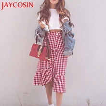 JAYCOSIN Для женщин плед Повседневное Раффлед женский Кнопка вечерние разрез Высокая Талия до середины икры юбка юбки Для женщин s дропшиппинг июля 18