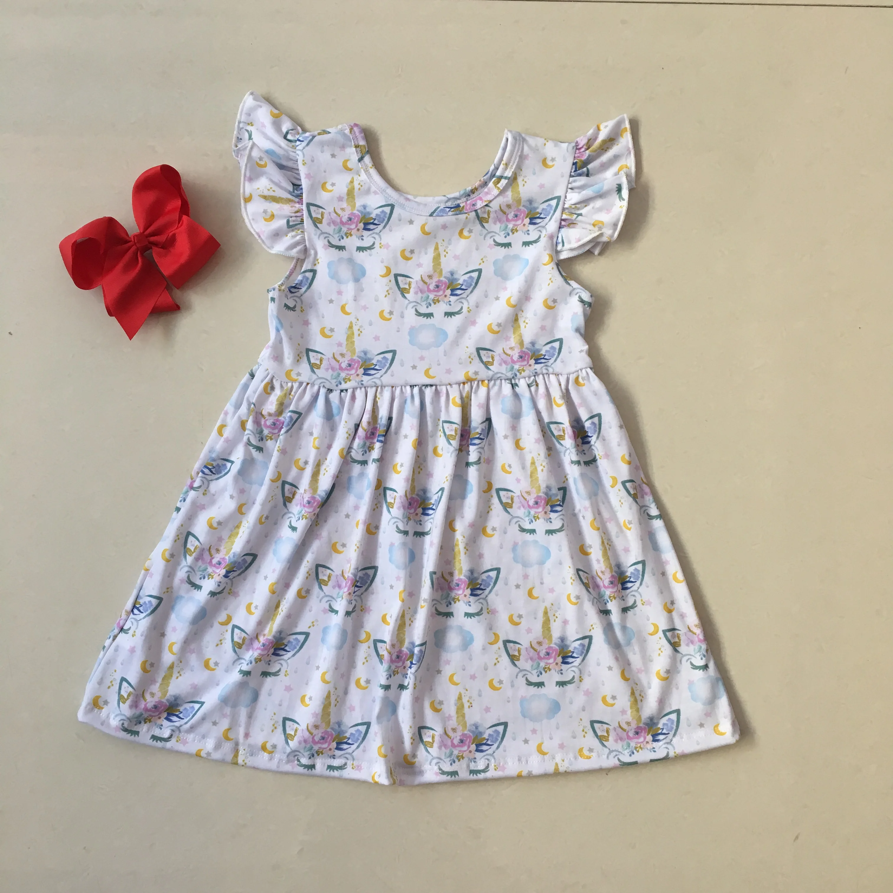 Puresun Fashion Design Girl Summer Dress Flutter Sleeve Unicorn Print Girls High Quality Boutique Party Match Bow | Детская одежда и