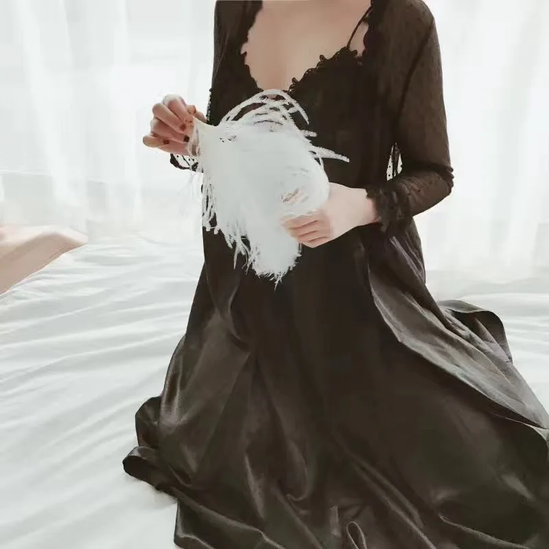 Lisacmvpnel невеста сексуальный кружевной 1 шт женский халат с длинным рукавом женская ночная Пижама - Цвет: Черный