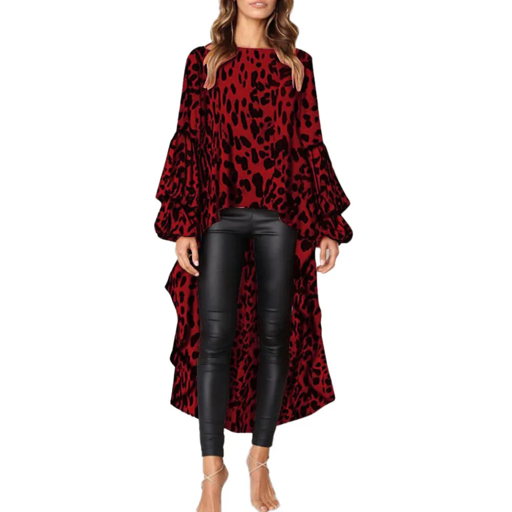 

Spring Autumn Fall Casual Ladies Women Leopard Ruffles Shirt Long Sleeve Pullovers Tops Blouse Fashion Tops Sexy Mesh Blouses
