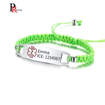 

Free Engraving Medical Alert ID Bracelets for Women Man with Light Green Nylon Rope Braided Band 5.90"-11.02"