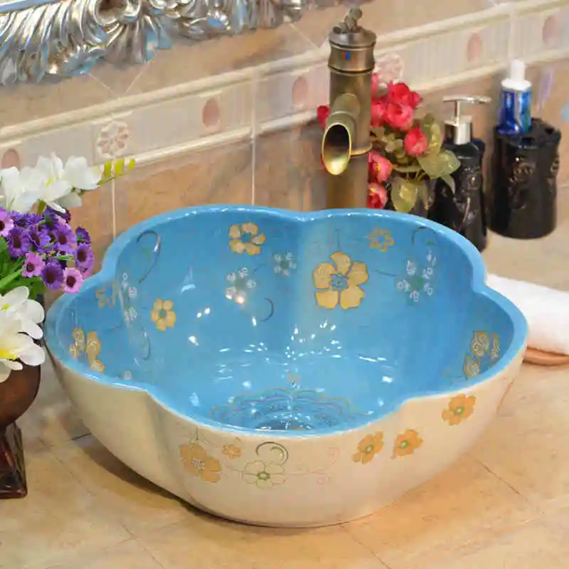 Handmade Primitive Style Porcelain Countertop Lavabo Bathroom Sink Wash Basin flower pattern (3)