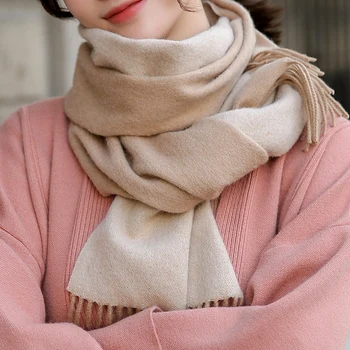 

Women 100% Wool Scarf for Autumn Winter Solid Tassel Warm Two-Colors Women's Pure Wool Scarves