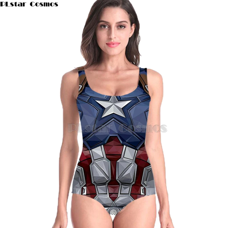 

New Sleeveless Swim Suit Sexy 3D Beach Style Suit Printed Girl Swimsuit One Piece Swimwear women Cosplay Marvel Captain America