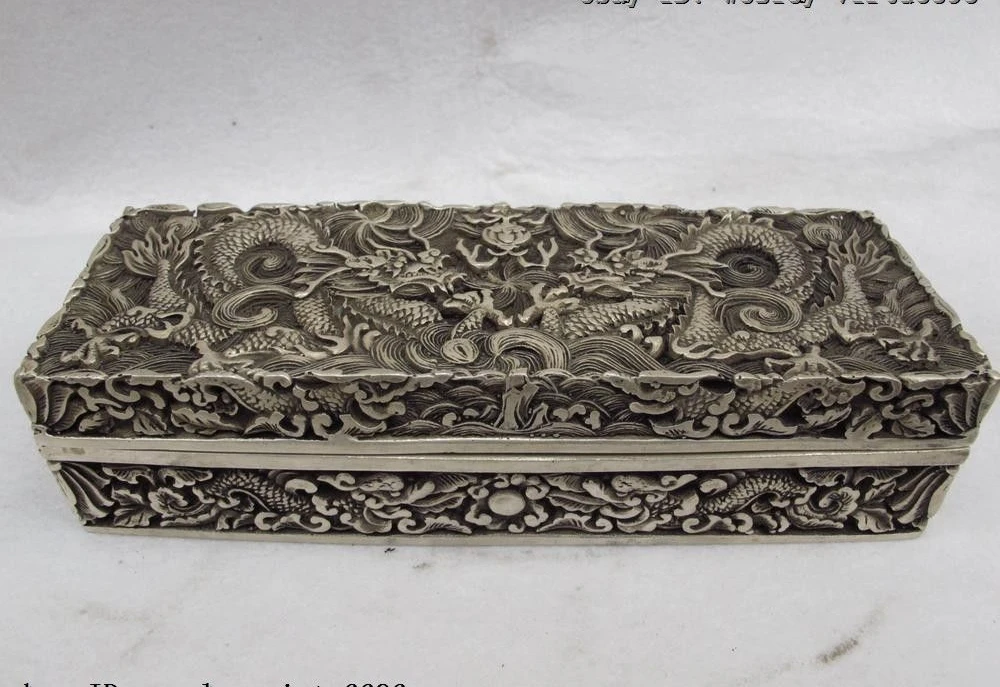  2 palais Royal chinois blanc cuivre argent deux Dragon jouer perle boîte à bijoux