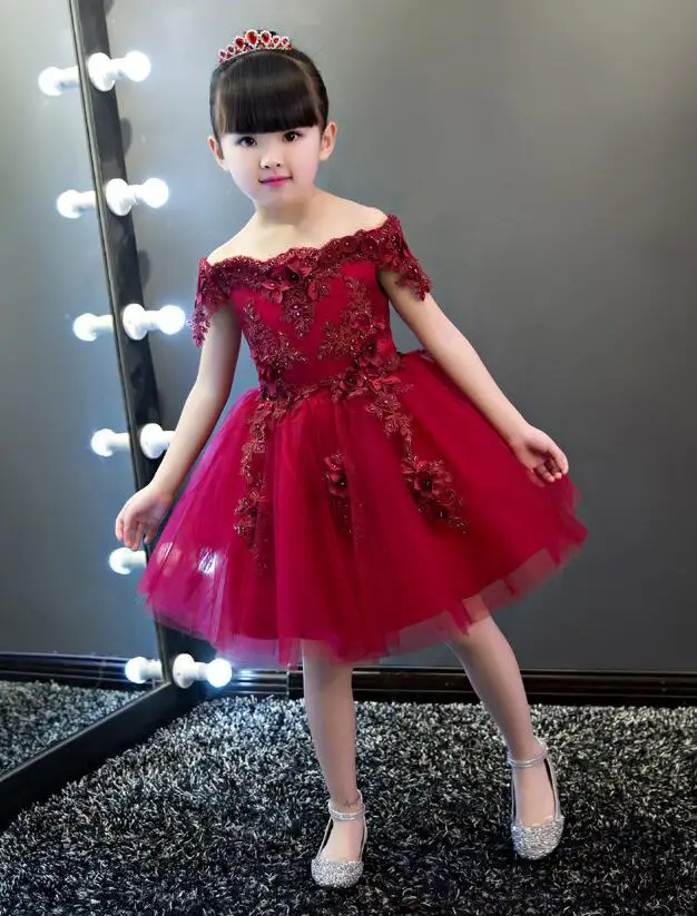 Одно плечо Элегантное платье бальные платья для выпускного розового и красного цвета, для девочек, для выступлений на концертах, школьница вечернее платье Аппликации милые фатиновые платья-пачки - Цвет: Bugrundy(Short)