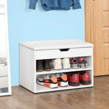 

SoBuy FSR25-W Wooden Shoe Cabinet 2 Tiers Shoe Rack Shoe Storage Bench with Folding Padded Seat