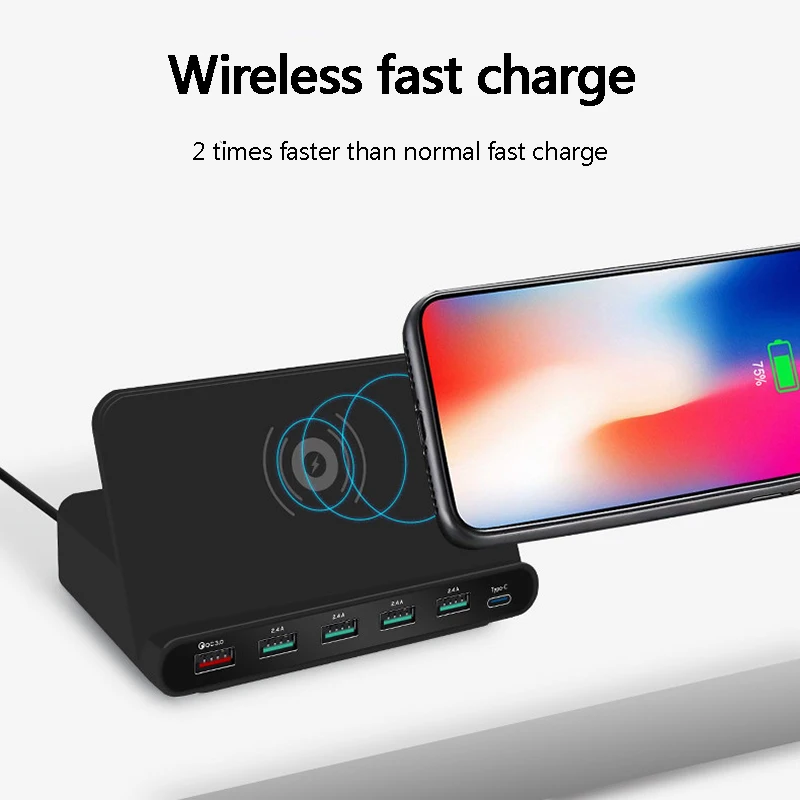 

7-in-1 Wireless Charger QC 3.0 Quick Charge 5 USB Ports Type C Charging Dock Station Stand for iphone Samsung Xiaomi Smartphone