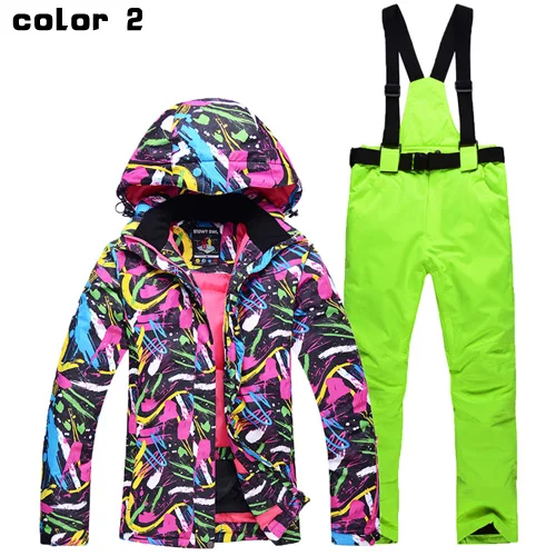 Лыжные комплекты Женская лыжная куртка и брюки зимние костюмы теплые водонепроницаемые ветрозащитные зимние уличные комплекты для сноубординга - Цвет: colour 2