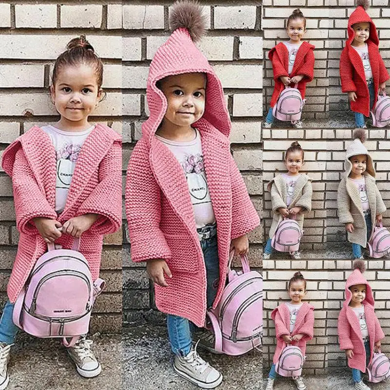 Детский кардиган с капюшоном, свободный свитер с длинными рукавами для маленьких девочек, пальто, детская однотонная трикотажная одежда