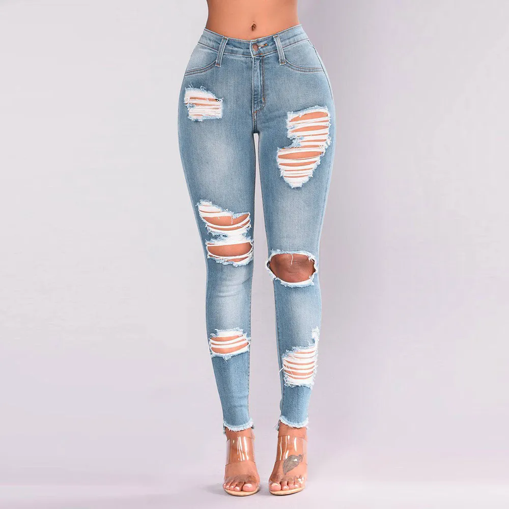 

Fashion Women Jean Hole Female High Waist Stretch Slim Sexy Pencil Pants skinny jeans woman vaqueros mujer