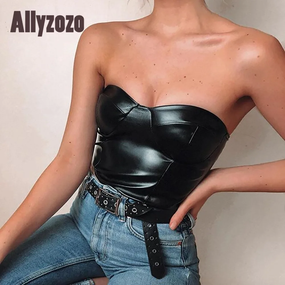 Allyzozo, женские сексуальные топы с открытыми плечами без бретелек, черные топы, уличная одежда из искусственной кожи, майки, футболки, одежда