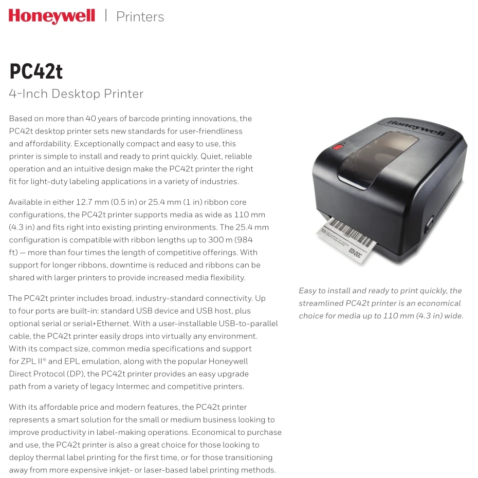 Honeywell принтер штрих-кода PC42T Настольный прямой тепловой/термотрансферный принтер этикеток, интерфейс ethernet