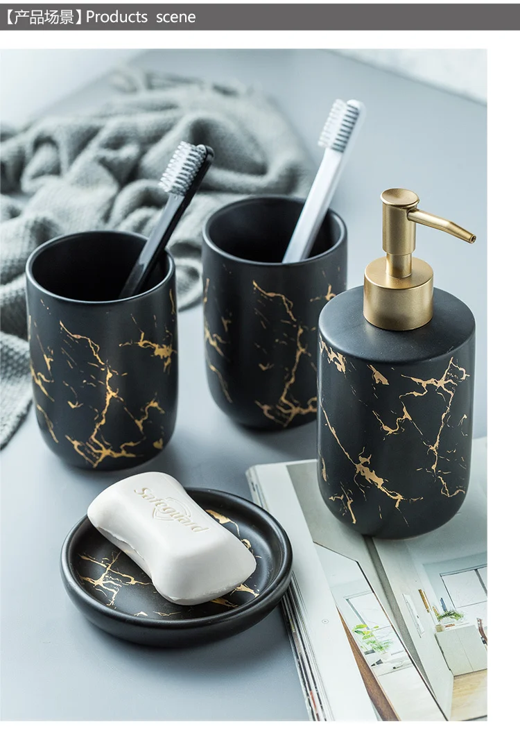 Nordic luxury marbled ceramic bathroom five-piece creative toothbrush mouth mug wedding gift wash set