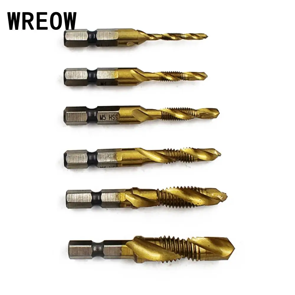 

6pc HSS Drill Bits Metric Titanium Hex Shank Combination Drill Spiral Screw Tap Saw Carpenter Woodworking Tools