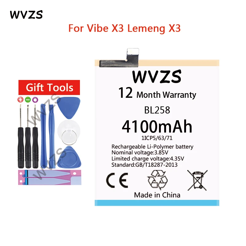 

wvzs 4100mAh Li-Polymer Battery BL258 For Lenovo Vibe X3 Lemeng X3 X3C50 X3C70 X3a40 Replacement Batteries
