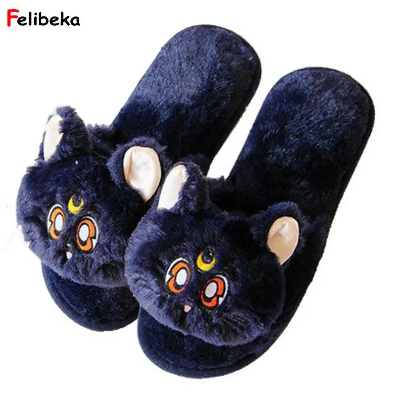 Cartoon black cat Slippers Fish mouth Warm Soft Plush House Shoes cat plush toy Gift