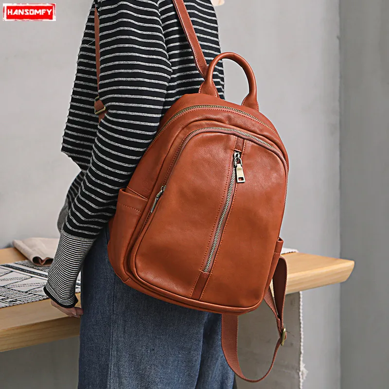 

New Women Backpacks Wild Fashion Casual Large Capacity Soft Genuine Leather Female Shoulder Bags Simple School Travel Backpack