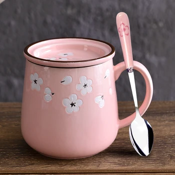 

Japanese Pink Colour Cherry Blossoms Marc Cup Ceramics Bring Cover Spoon Cup Personality Coffee Milk Teacup Lovers Travel Mug