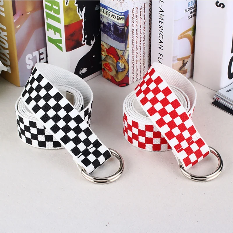 

Women Harajuku Checkerboard Couple Belt Black White Plaid Long Canvas Belt Waistband 2019 New Hots