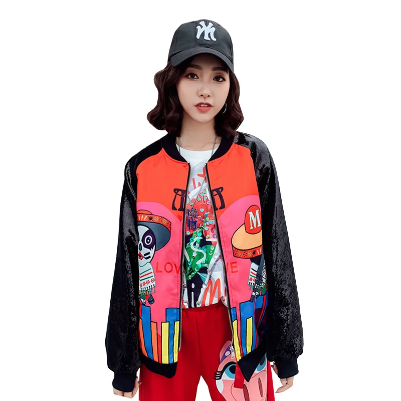 

Fashion Cartoon Print Spring Jacket Women Zipper Short Basic Coat 2019 New Streetwear All-match Sequin Long Sleeve Bomber Jacket
