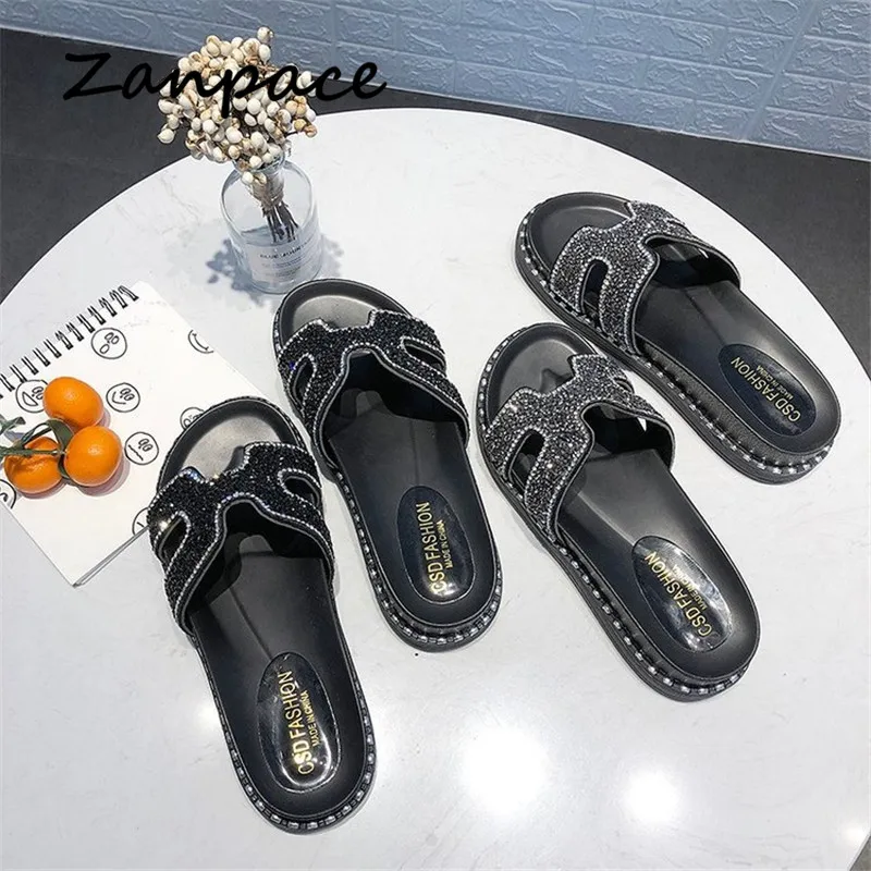 

Summer Slippers Women 2019 New Sequins Wear Fashion H Shoes Bling Non-slip Sexy Low Heeis Flat Slides Leisure Women Sandals