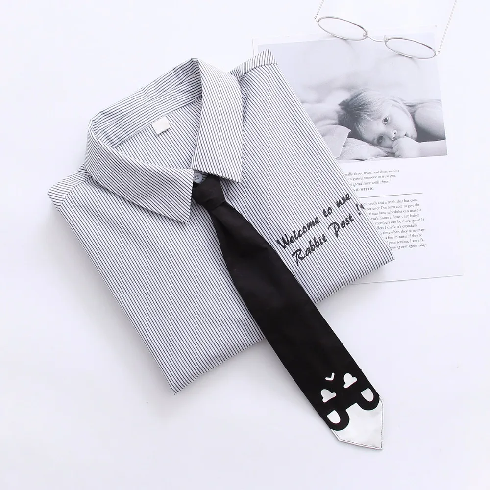 2018 spring long sleeve blouse letters printed harajaku stripe women blouses with tie turn down collar student cotton tops shirt