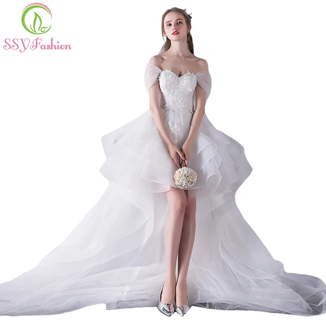 ssyfashion nuevo amor blanco encaje bordado trasero largo delantero
