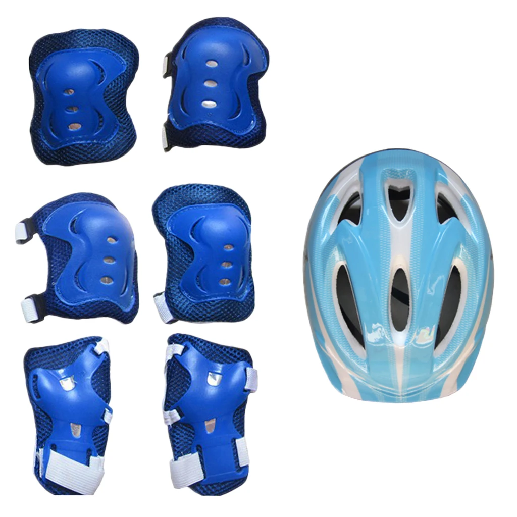Child's 7Pcs Cycling Roller Skating Protective Gear Set 58-62cm Safety Helmet+Knee&Elbow Pads+Wrist Guards Kids Protective Gear
